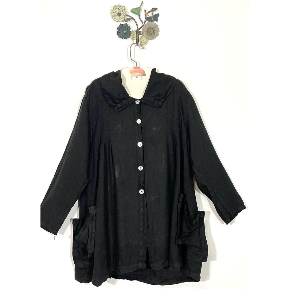 Match Point Black Funnel Neck Button Front Linen Lagenlook Top Size Small